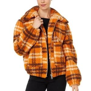 NWT apparis Francis Sherpa‎ zip jacket plaid small orange brown
